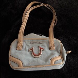 True Religion Light Blue Shoulder Bag with Tan Trim and Metallic Logo